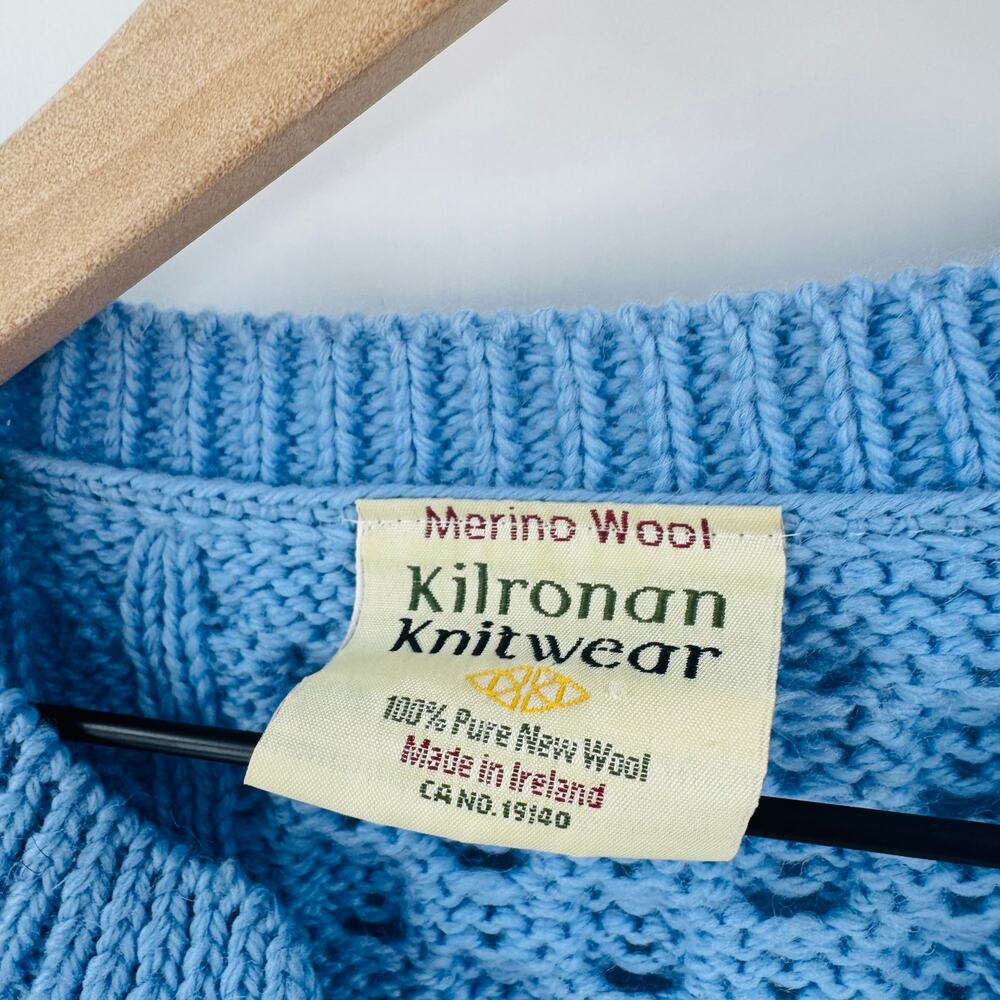 Kilronan Knitwear Irish Merino Wool Blue Aran Cardigan Buttons Small Fisherman - Picture 3 of 6